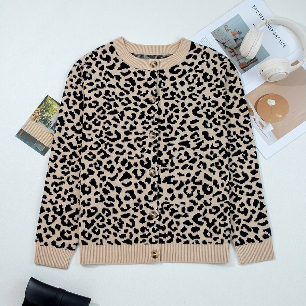B344 Black Leopard Drop Shoulder Chunky Knitted Cardigan Sweater